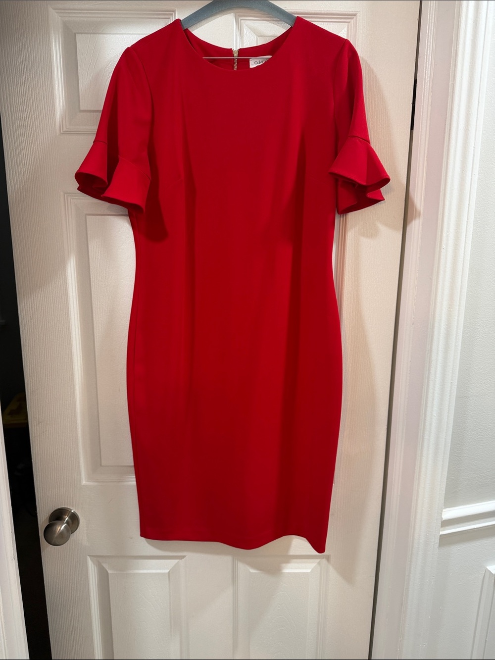 Calvin Klein Red Ruffle Sleeve Midi Sheath Dress